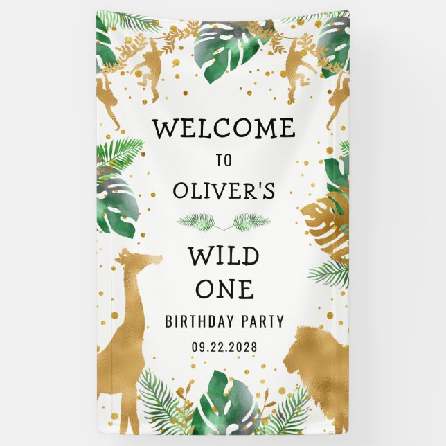 Safari 1st Birthday Party Green Gold Welcome Banner (Vertical)