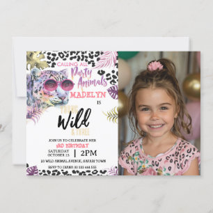 Safari 3rd Girl Young Wild Three Photo Birthday  Invitation