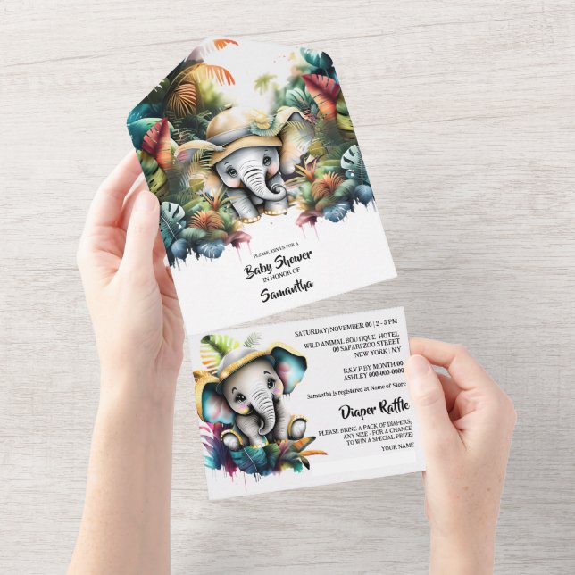 Safari adventure cute elephant jungle greenery all in one invitation (Tearaway)