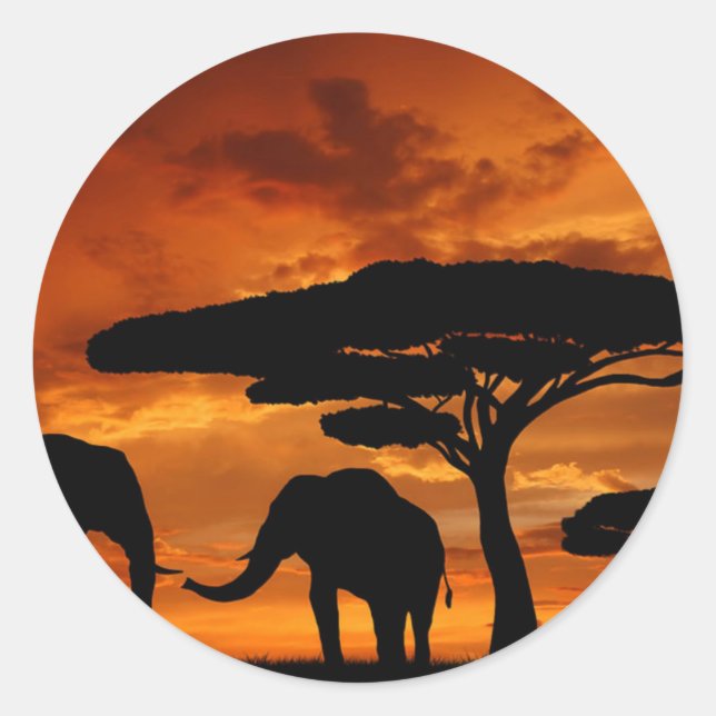Safari African Baobab tree elephant silhouette Classic Round Sticker (Front)