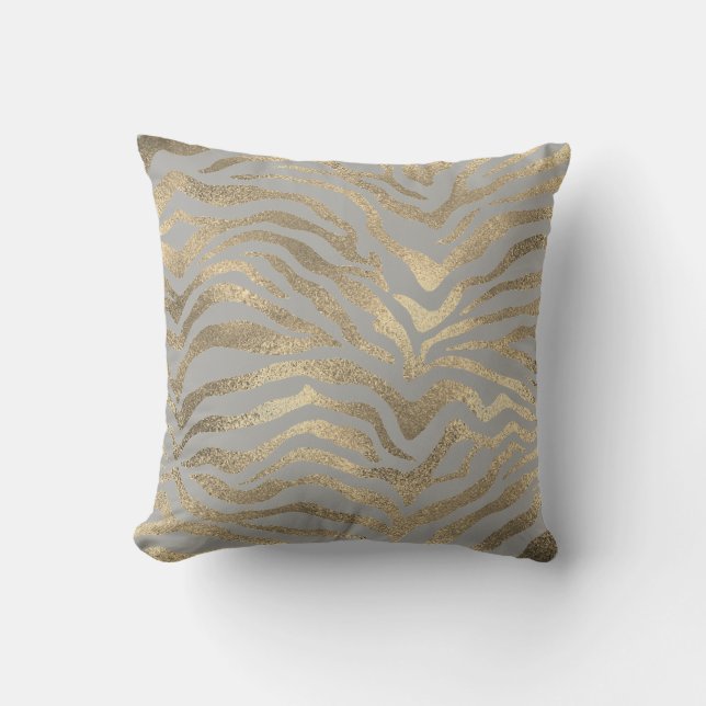Safari African Gold Glam Zebra Animal Skin Grey Throw Pillow (Front)