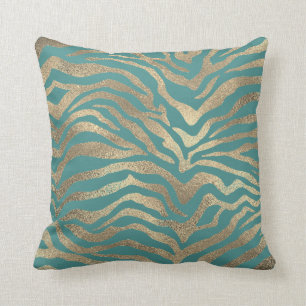 Safari African Gold Glam Zebra Animal Skin Teal Throw Pillow
