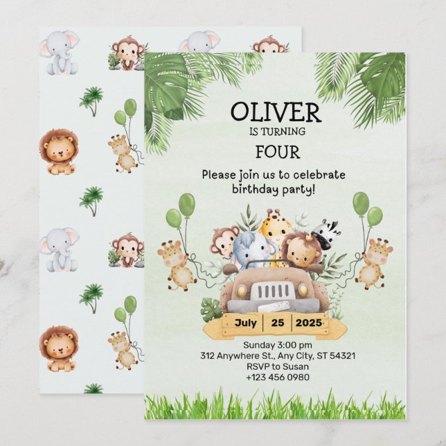 Safari Animal Anniversaire 4ème Invitation Cartes  (Devant / Derrière)