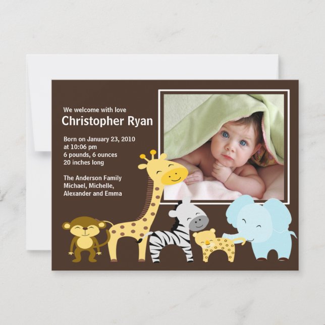 Safari Animal Baby Birth Photo Announcement (Front)
