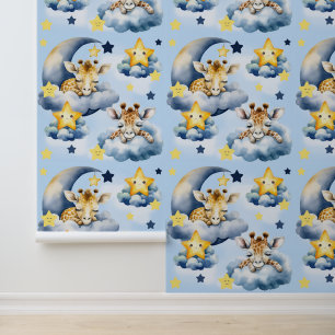 Safari Animal Baby Giraffe Moon Cloud Star Nursery Wallpaper