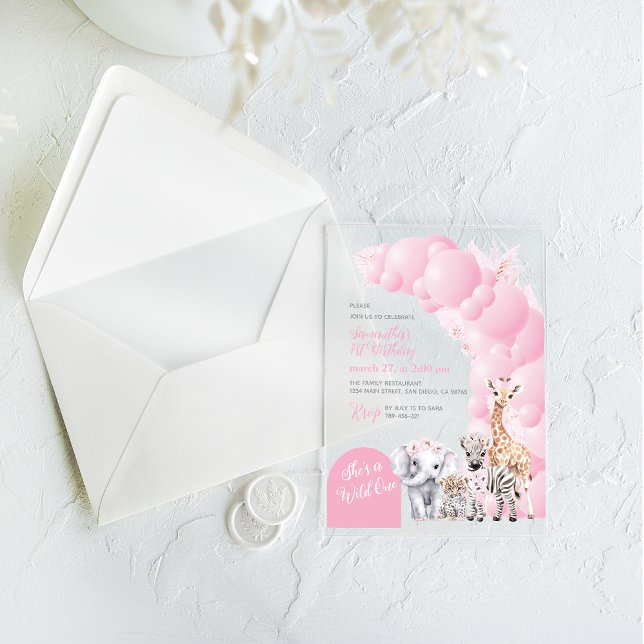 Safari Animal Blush Pink Wild One Girl Birthday Acrylic Invitations (Creator Uploaded)