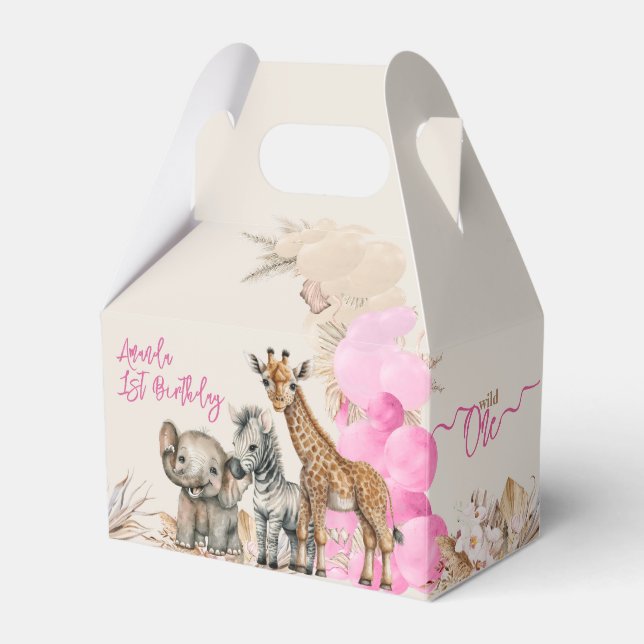 Safari animal Boho Balloon girl 1st Birthday Favor Box (Front Side)