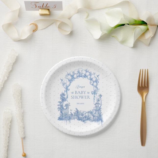 Safari Animal Dusty Blue Toile Baby Boy Shower Paper Plate (Wedding)