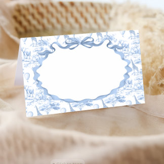 Safari Animal Dusty Blue Toile de Jouy Baby Shower Place Card