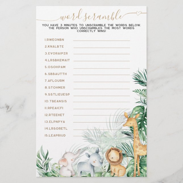 Safari Animal Greenery Baby Word Scramble game (Front)