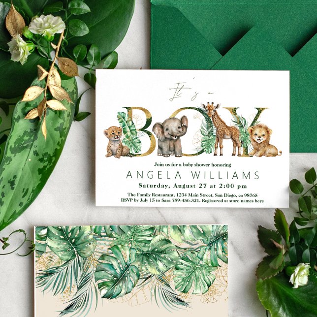 Safari Animal Jungle Green & Gold boy Baby Shower Invitation (Creator Uploaded)
