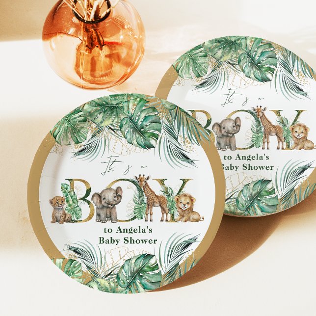 Safari Animal Jungle Green & Gold boy Baby Shower Paper Plate (Creator Uploaded)