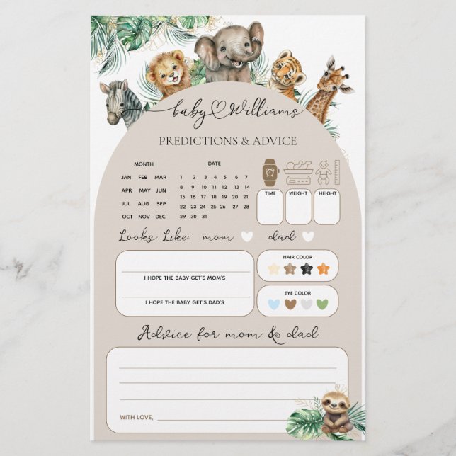 Safari Animal Jungle Modern Baby Guesses Game (Front)