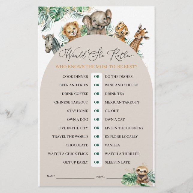 Safari Animal Jungle Modern Would She Rather Game (Front)