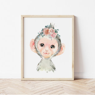 Safari Animal Nursery Art, Watercolor Monkey Kids  Poster