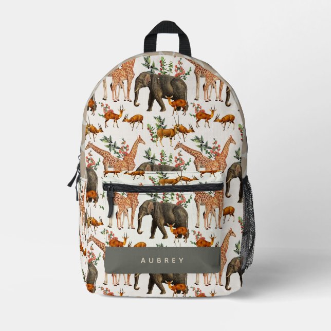 Safari Animal Pattern Elephant Giraffe Printed Backpack (Front)