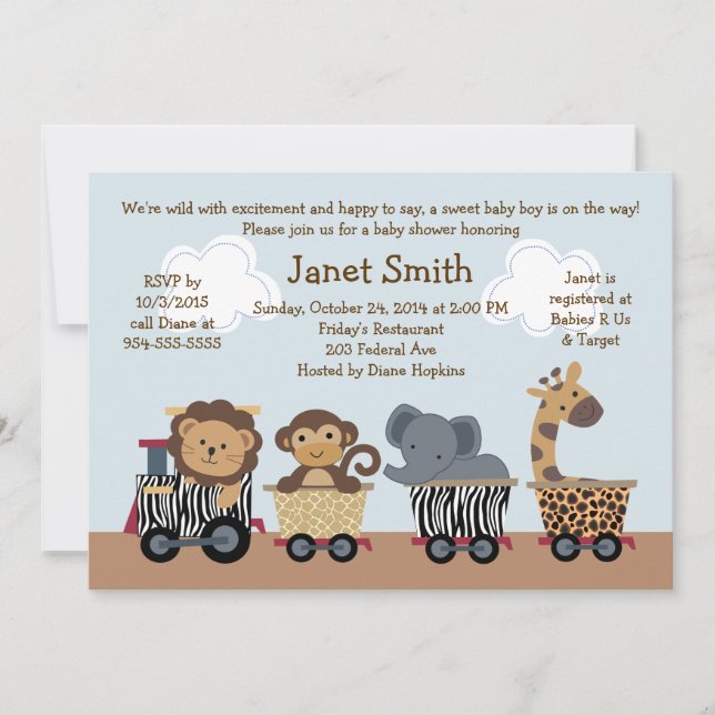 Safari/Animal Train Baby Shower Invitation (Front)