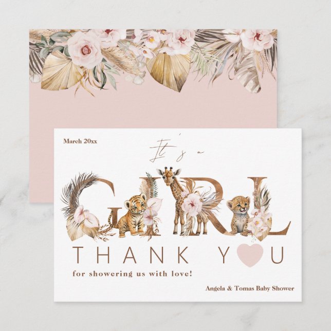 Safari Animal Tropical Floral Girl Baby Shower Thank You Card (Front/Back)