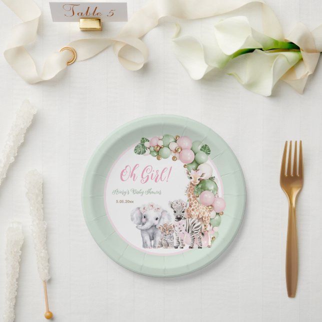 Safari Animal Tropical Green Pink Baby Girl Shower Paper Plate (Wedding)