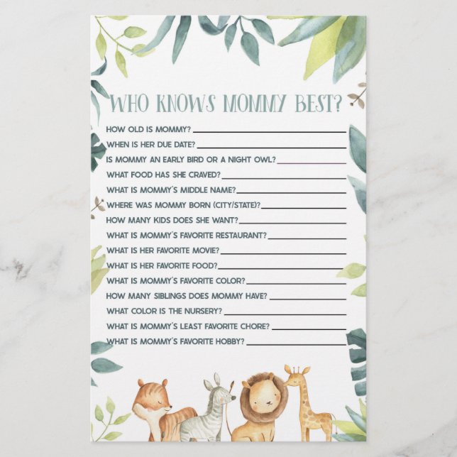 Safari Animal Who Knows Mommy Baby Shower Game Stationery (Front)