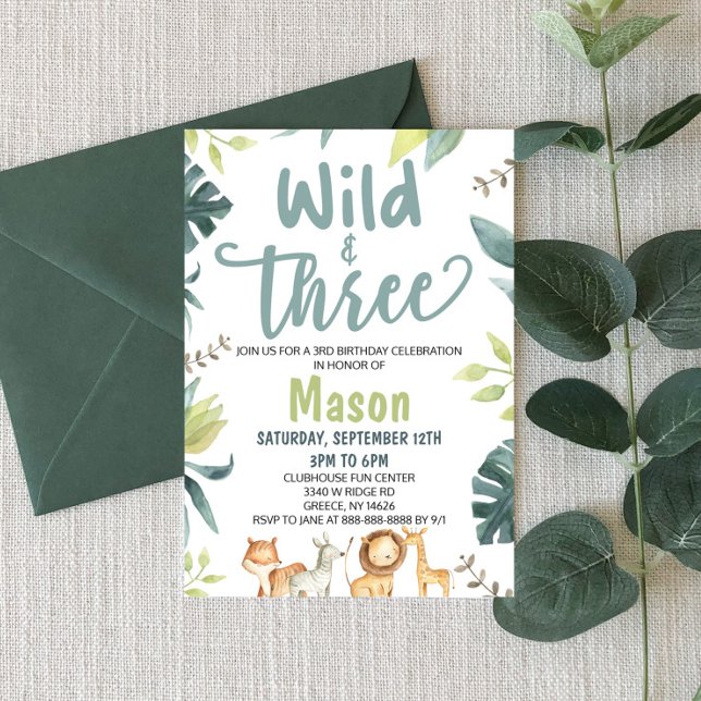 Safari Animal Wild and Three 3rd Birthday Party Invitation (Creator Uploaded)