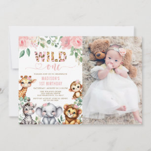 Safari Animal Wild One Floral 1st Birthday Photo Invitation