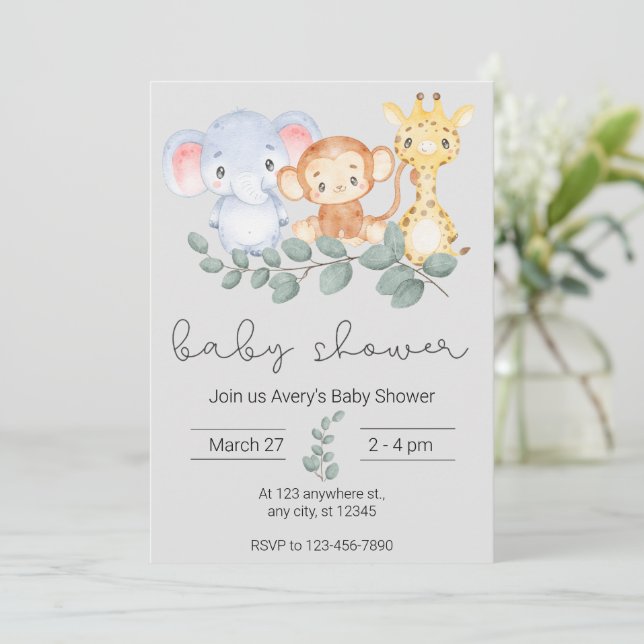 Safari Animals and Greenery Baby Shower Invitation (Standing Front)