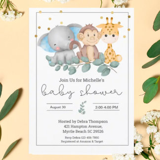  Safari Animals and Greenery Baby Shower   Invitation