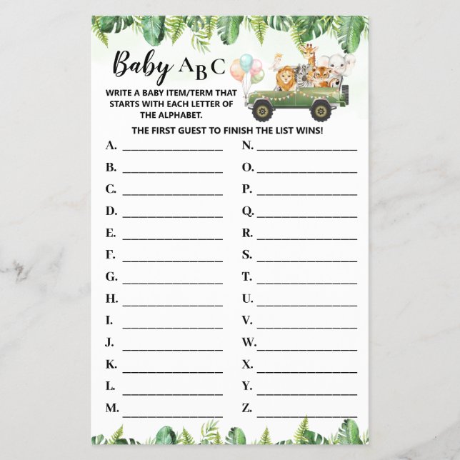 Safari Animals Baby ABC Baby Shower Game Card (Front)