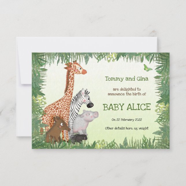 Safari animals baby birth announcement (small) (Front)