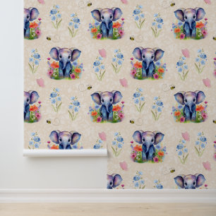 Safari Animals Baby Elephant Floral on Cream Wallpaper