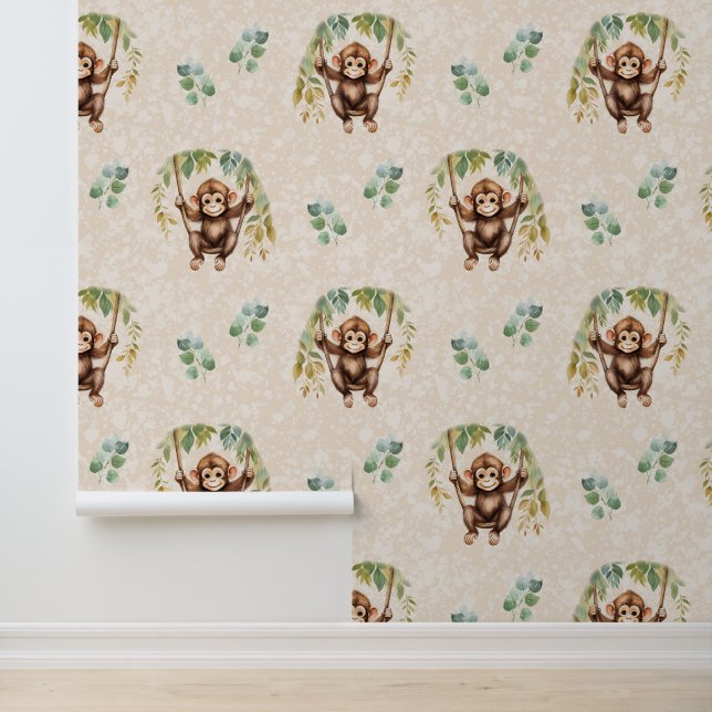 Safari Animals Baby Monkey Greenery on Cream Wallpaper (Application)