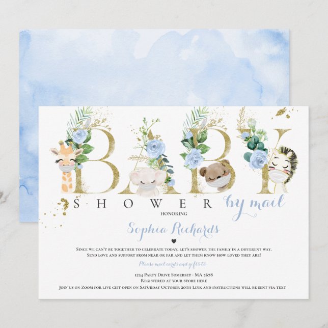 Safari Animals Baby Shower By Mail Greenery Gold Invitation (Front/Back)