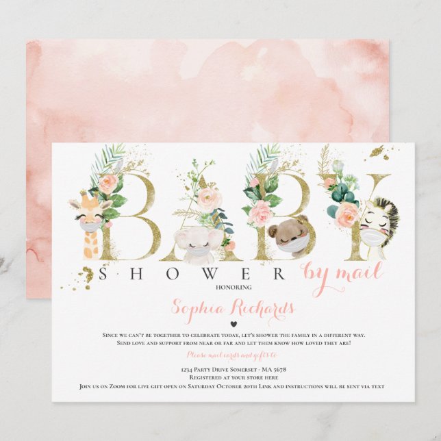 Safari Animals Baby Shower By Mail Greenery Gold Invitation (Front/Back)