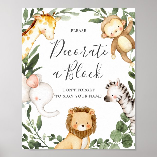 Safari Animals Baby Shower Decorate A Block Sign (Front)