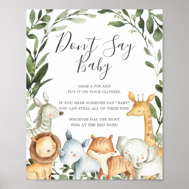 Safari Animals Baby Shower Don't Say Baby Sign (Front)