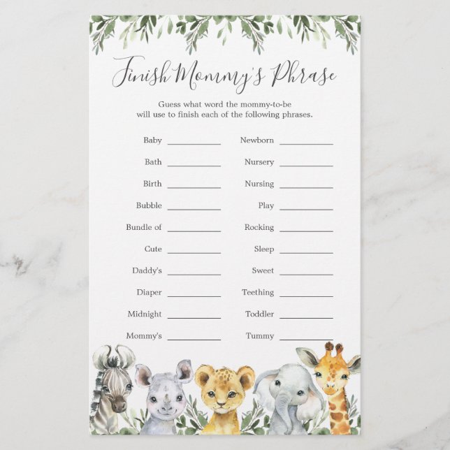 Safari Animals Baby Shower Finish Mommy's Phrase (Front)