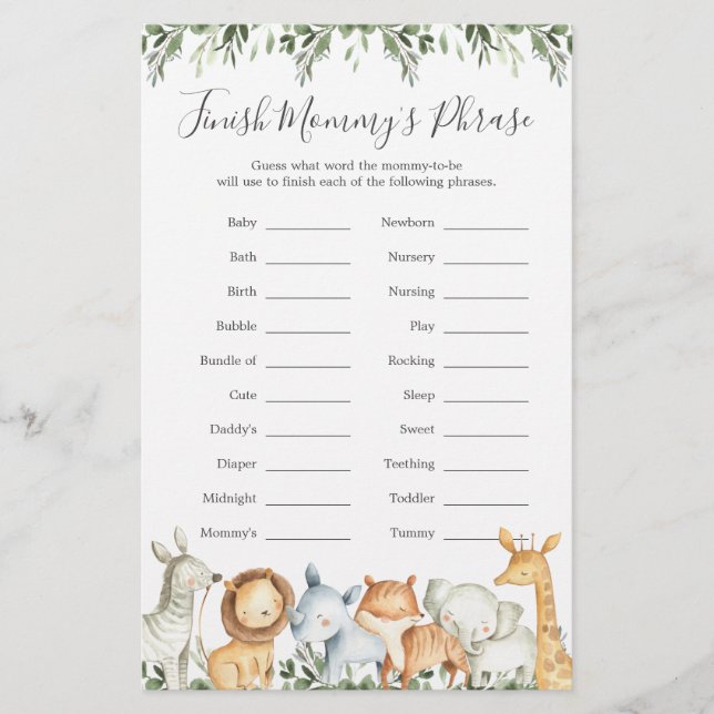 Safari Animals Baby Shower Finish Mommy's Phrase (Front)