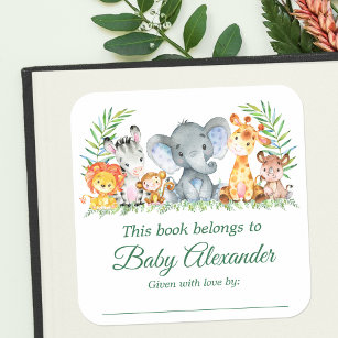 Safari Animals Baby Shower Green Bookplate Labels