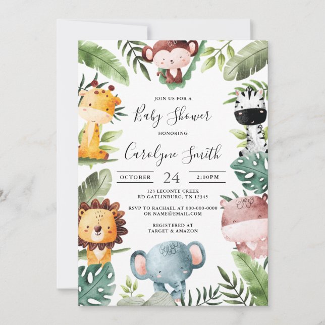 safari animals baby shower invitation (Front)
