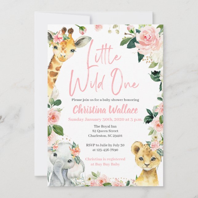 Safari Animals Baby Shower Invitations for Girls (Front)