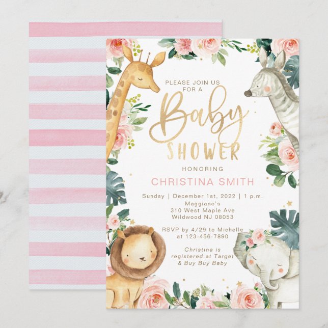 Safari Animals Baby Shower Invitations for Girls (Devant / Derrière)