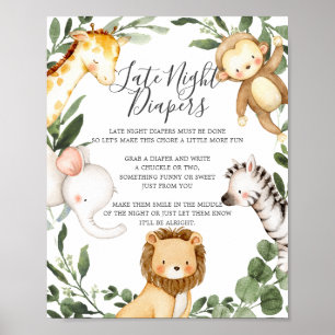 Safari Animals Baby Shower Late Night Diapers Sign