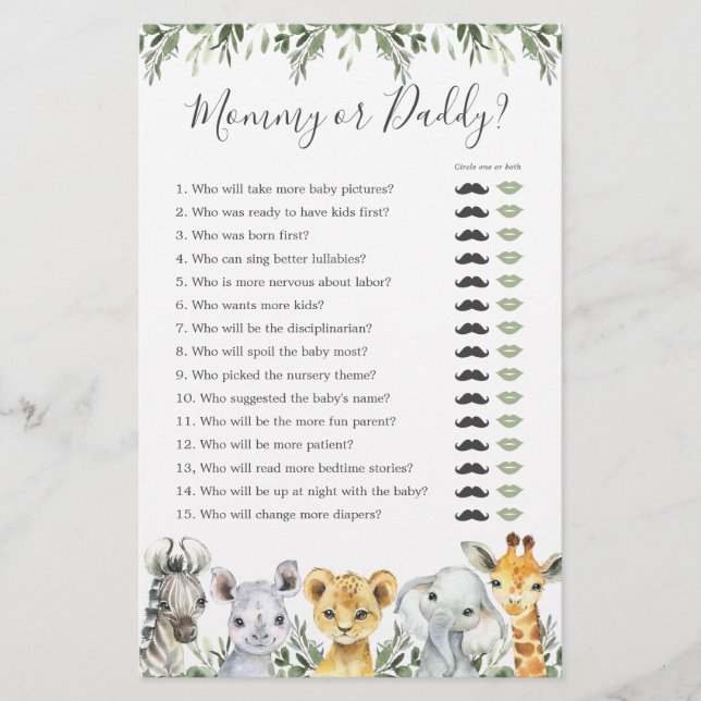 Safari Animals Baby Shower Mommy or Daddy Game (Front)