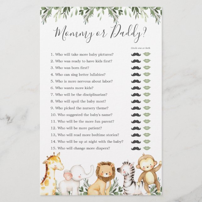 Safari Animals Baby Shower Mommy or Daddy Game (Front)