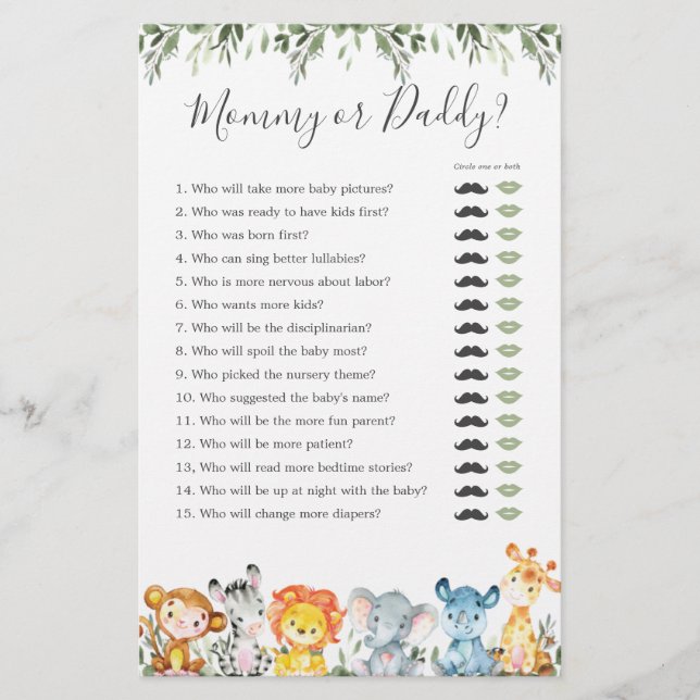 Safari Animals Baby Shower Mommy or Daddy Game (Front)