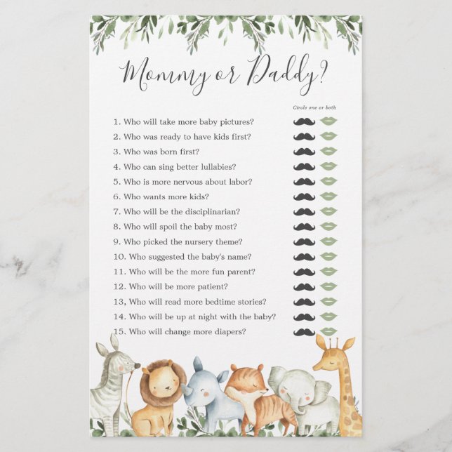 Safari Animals Baby Shower Mommy or Daddy Game (Front)