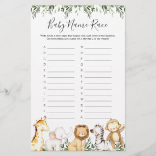 Safari Animals Baby Shower Name Race Game