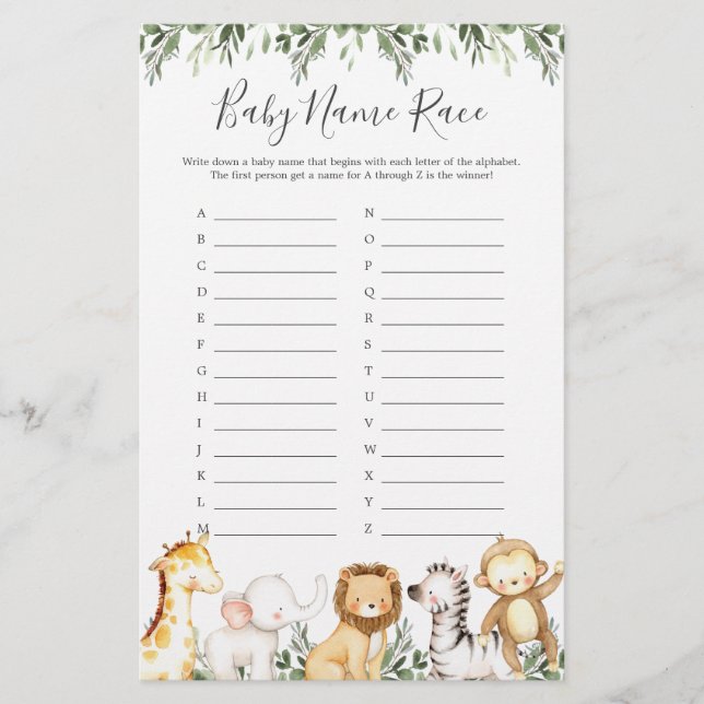Safari Animals Baby Shower Name Race Game (Front)