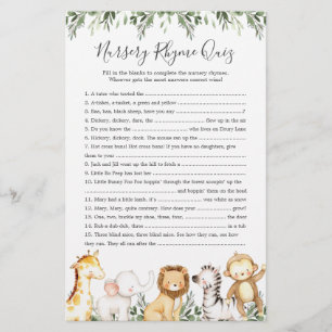 Safari Animals Baby Shower Nursery Rhyme Quiz Game